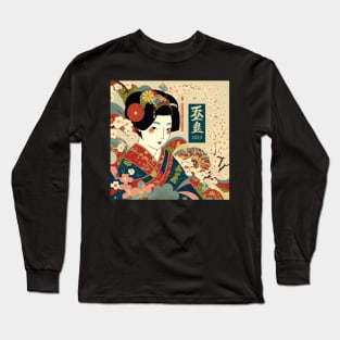 Vintage Style Japanese Girl With Cherry Blossom Long Sleeve T-Shirt